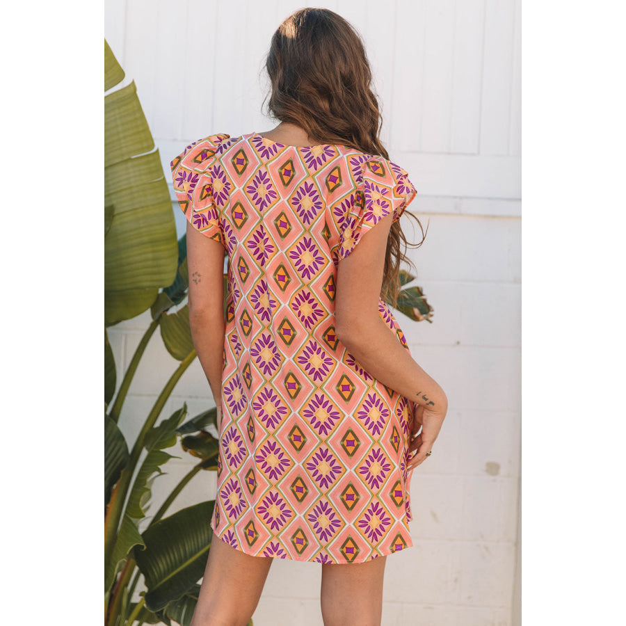Orange Geometric Floral V Neck Buttoned Ruffled Sleeve Mini Dress Dresses/Mini Dresses