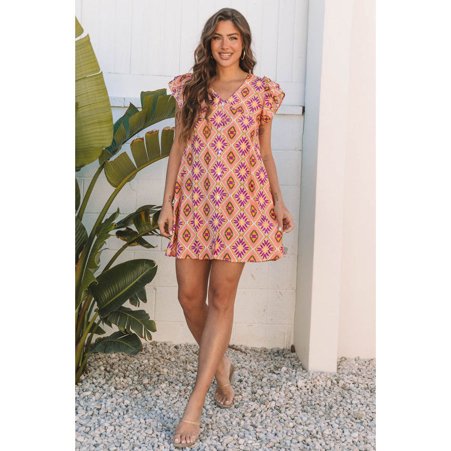 Orange Geometric Floral V Neck Buttoned Ruffled Sleeve Mini Dress Dresses/Mini Dresses
