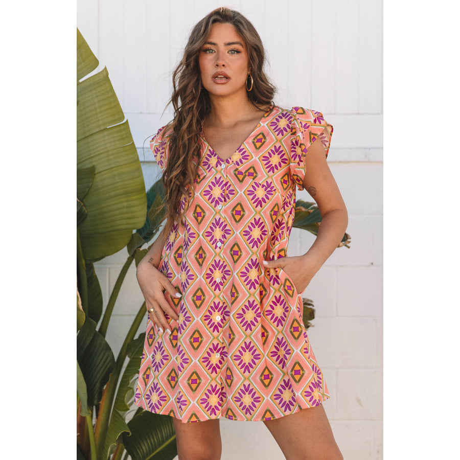 Orange Geometric Floral V Neck Buttoned Ruffled Sleeve Mini Dress Dresses/Mini Dresses
