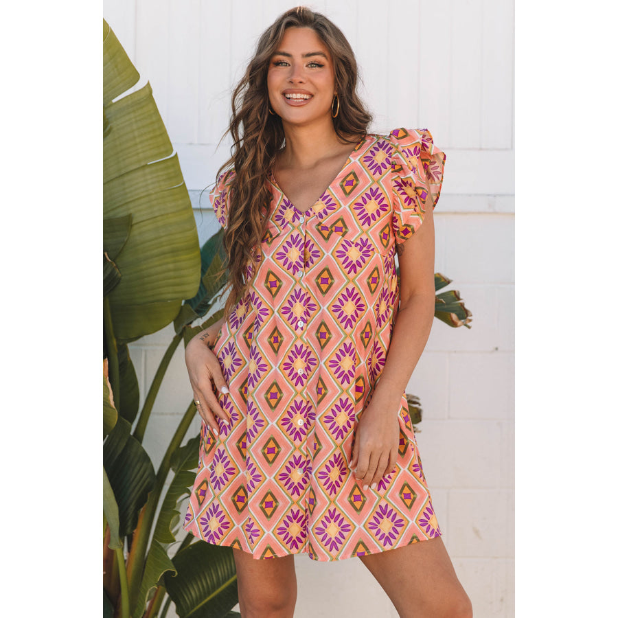 Orange Geometric Floral V Neck Buttoned Ruffled Sleeve Mini Dress Orange / S / 80% Viscose + 20% Polyamide Dresses/Mini Dresses