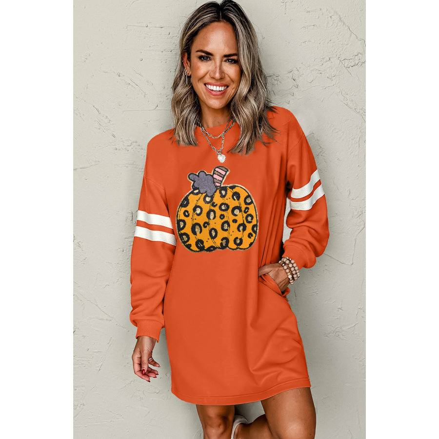 Orange Leopard Print Pumpkin Graphic Varsity Striped Long Sleeve Tunic Dress Graphic/Graphic Dresses