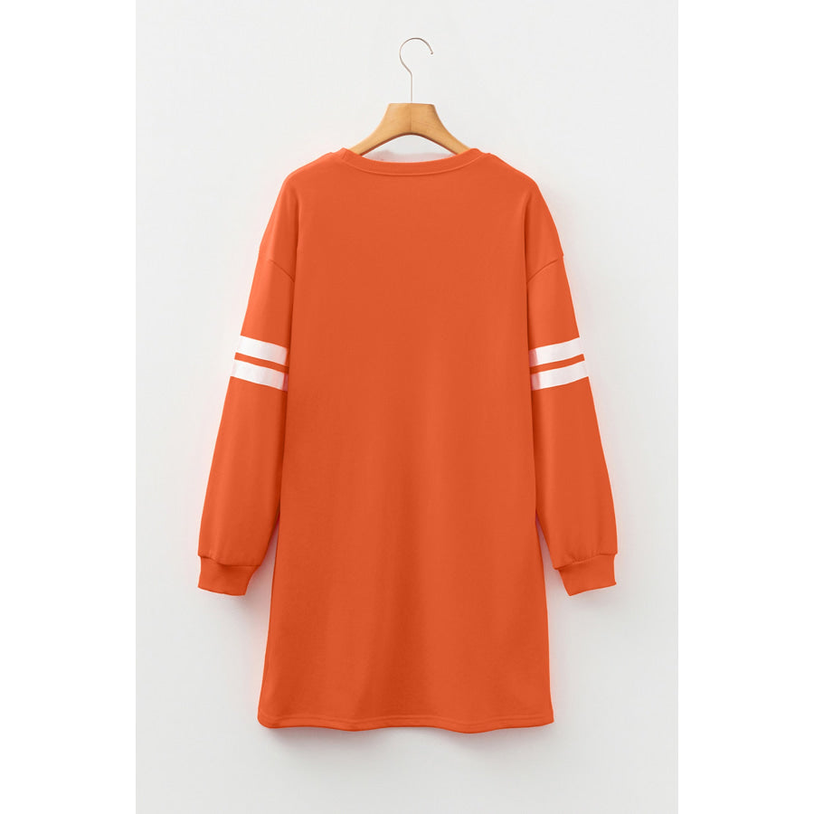 Orange Leopard Print Pumpkin Graphic Varsity Striped Long Sleeve Tunic Dress Graphic/Graphic Dresses