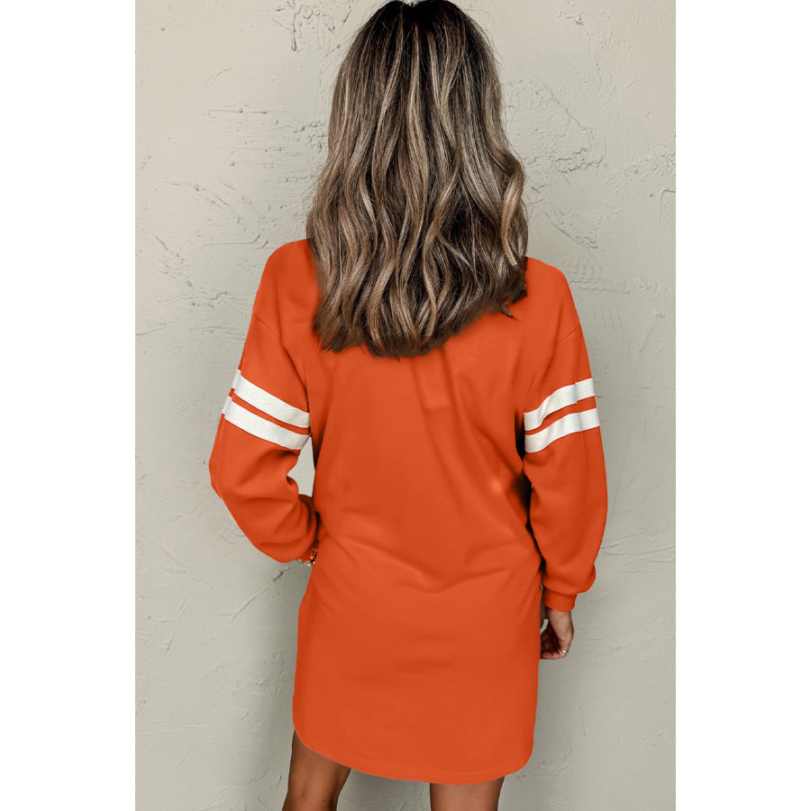 Orange Leopard Print Pumpkin Graphic Varsity Striped Long Sleeve Tunic Dress Graphic/Graphic Dresses