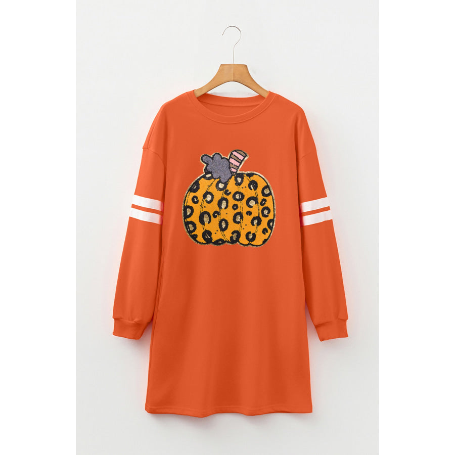 Orange Leopard Print Pumpkin Graphic Varsity Striped Long Sleeve Tunic Dress Graphic/Graphic Dresses