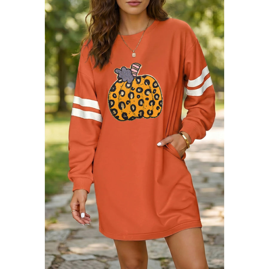 Orange Leopard Print Pumpkin Graphic Varsity Striped Long Sleeve Tunic Dress Graphic/Graphic Dresses