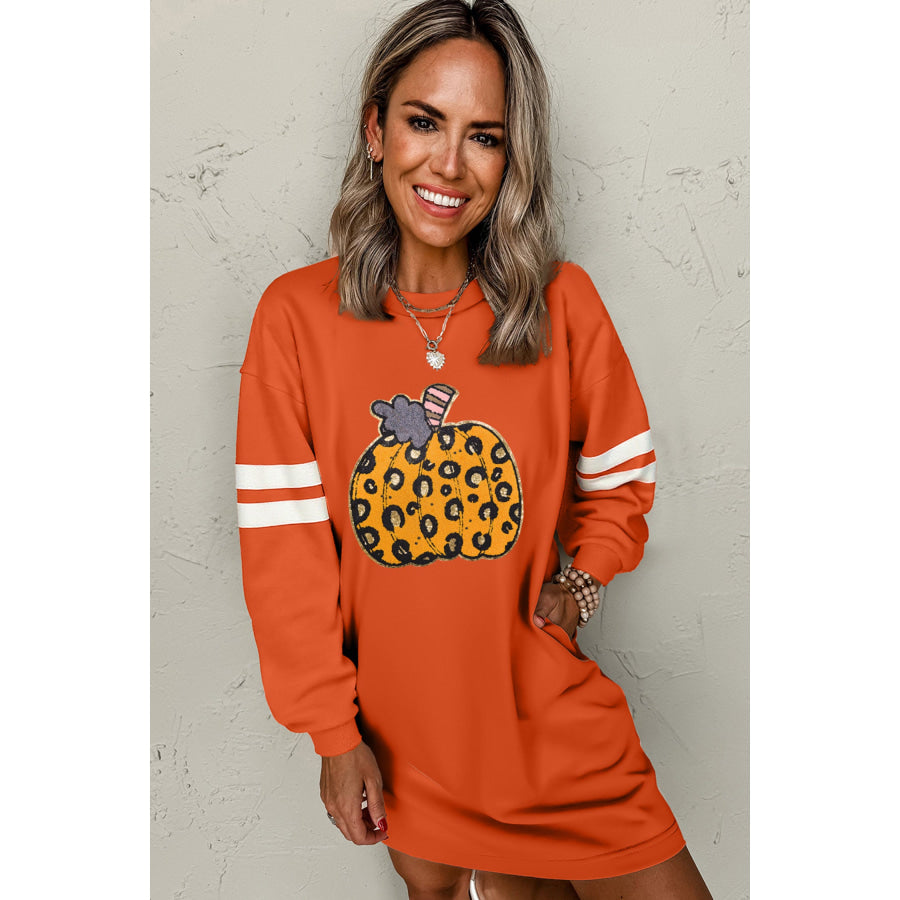 Orange Leopard Print Pumpkin Graphic Varsity Striped Long Sleeve Tunic Dress Graphic/Graphic Dresses