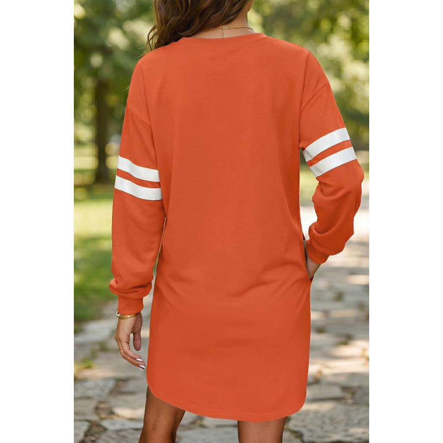Orange Leopard Print Pumpkin Graphic Varsity Striped Long Sleeve Tunic Dress Graphic/Graphic Dresses