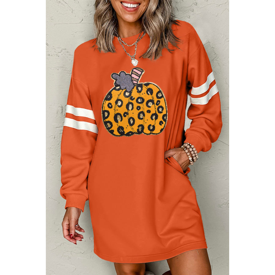 Orange Leopard Print Pumpkin Graphic Varsity Striped Long Sleeve Tunic Dress Orange / S / 65% Polyester + 35% Cotton Graphic/Graphic Dresses