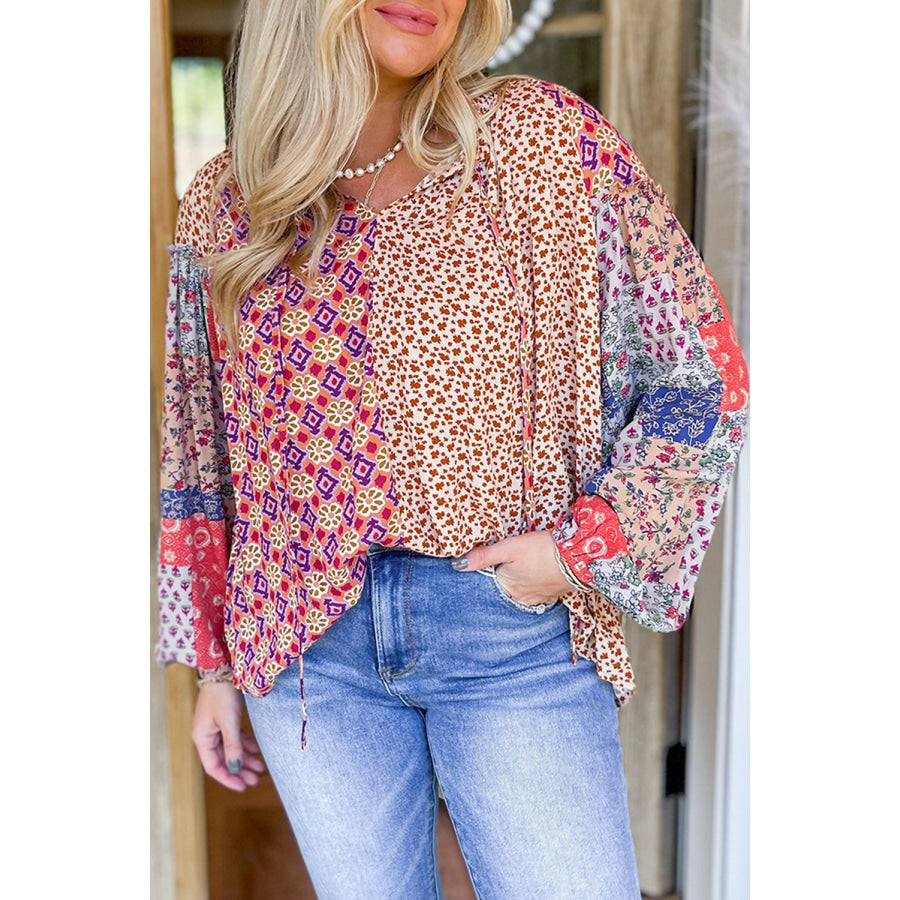 Orange Mixed Floral Printed Long Sleeve Tied V Neck Blouse Orange / S / 100% Polyester Tops/Blouses & Shirts