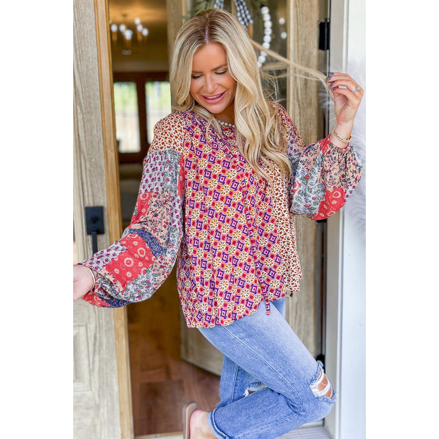 Orange Mixed Floral Printed Long Sleeve Tied V Neck Blouse Tops/Blouses & Shirts