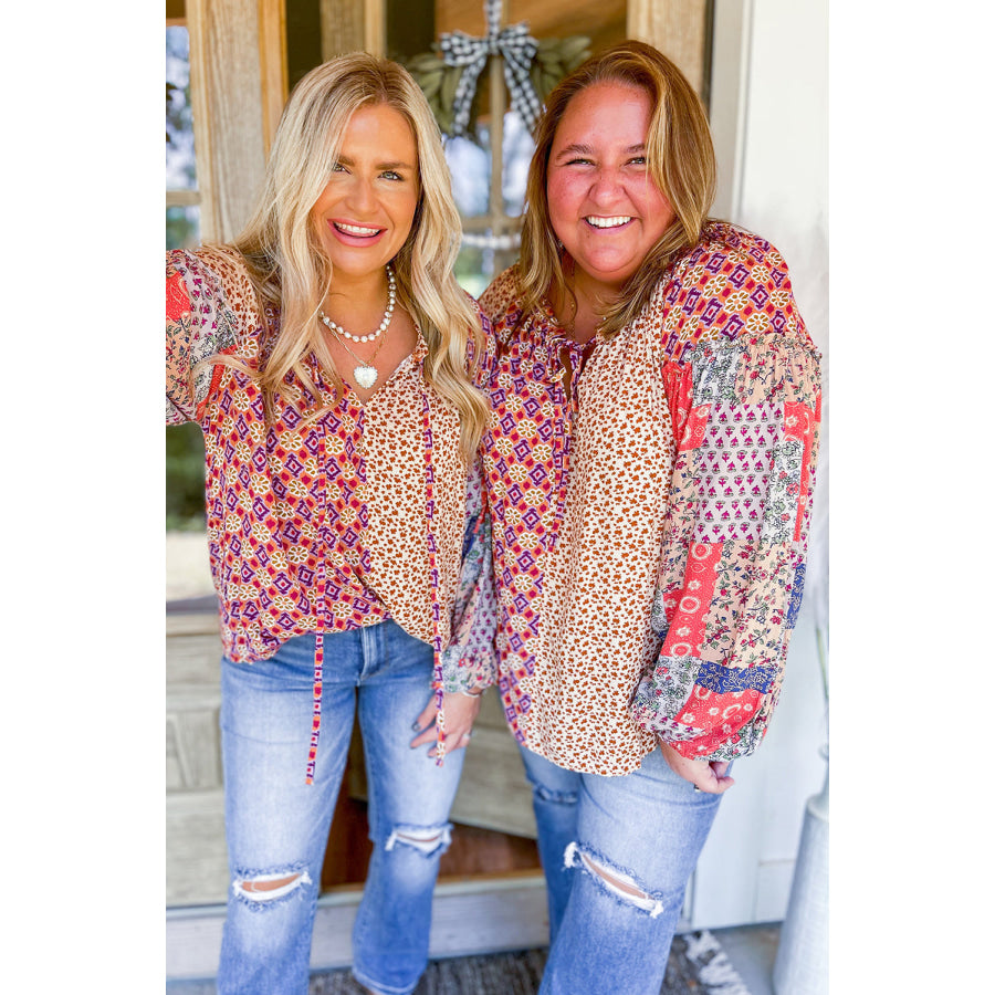 Orange Mixed Floral Printed Long Sleeve Tied V Neck Blouse Tops/Blouses & Shirts