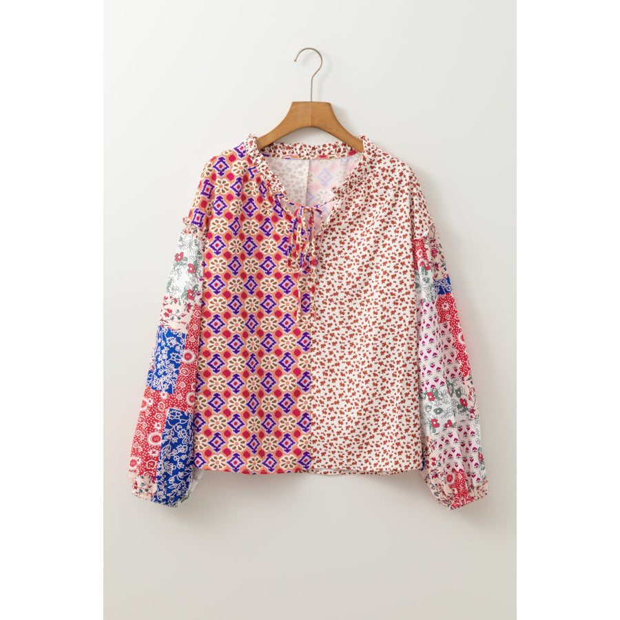 Orange Mixed Floral Printed Long Sleeve Tied V Neck Blouse Tops/Blouses & Shirts