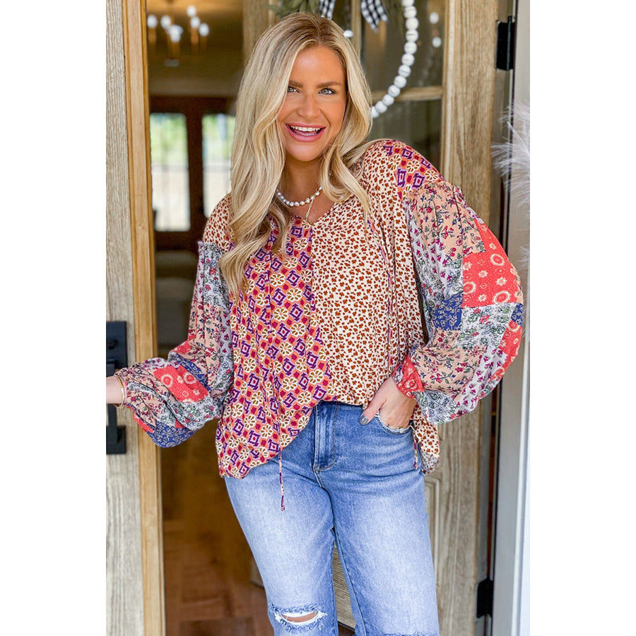 Orange Mixed Floral Printed Long Sleeve Tied V Neck Blouse Tops/Blouses & Shirts