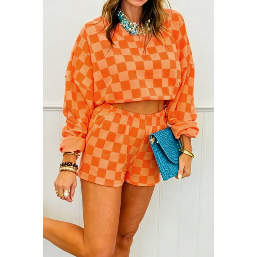 Orange Plaid Checkered Long Sleeve Crop Top Elastic Waist Shorts Two Piece Set / S / 95% Polyester + 5% Elastane Sets/Short Sets