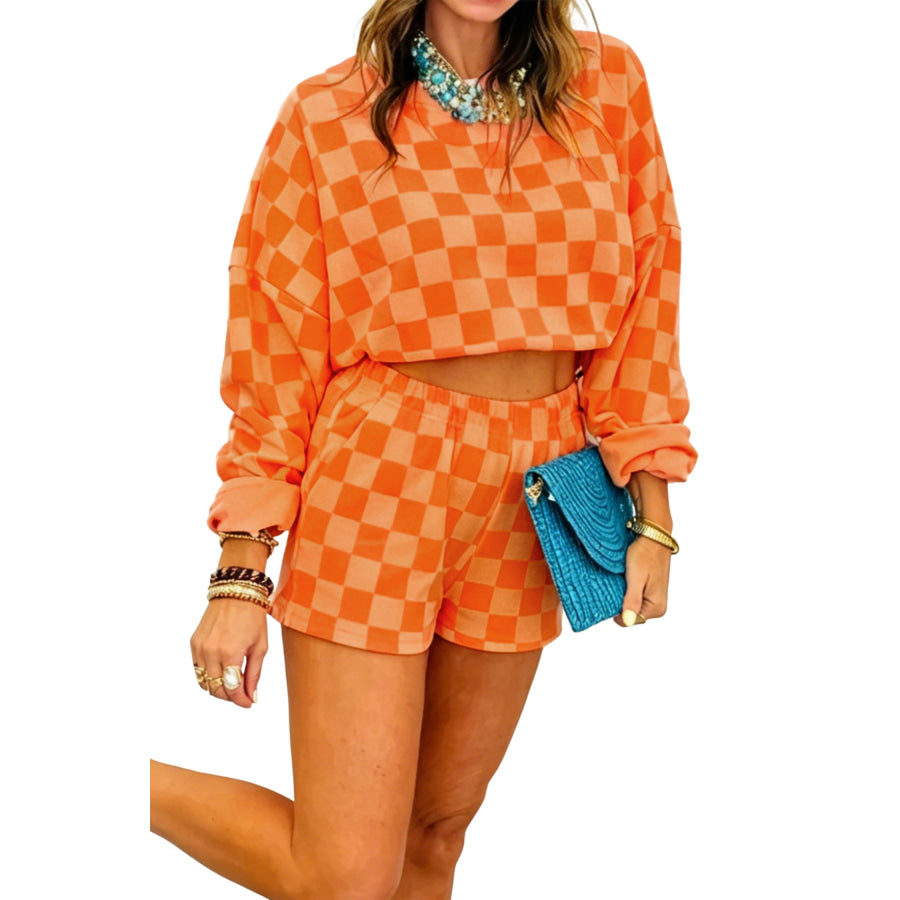 Orange Plaid Checkered Long Sleeve Crop Top Elastic Waist Shorts Two Piece Set / S / 95% Polyester + 5% Elastane Sets/Short Sets