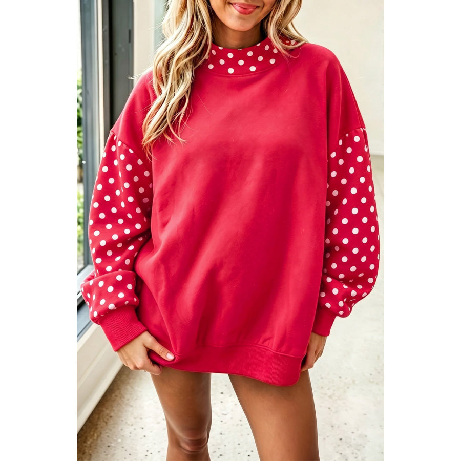 Orange Polka Dot Contrast Round Neck Long Sleeve Baggy Sweatshirt Fiery Red / S Tops/Sweatshirts & Hoodies