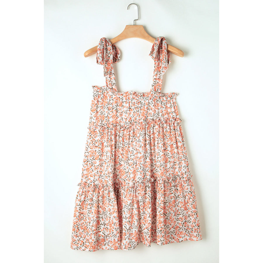 Orange Rose Floral Knotted Straps Tiered Babydoll Dress Orange / S / 100% Polyester Dresses/Floral Dresses