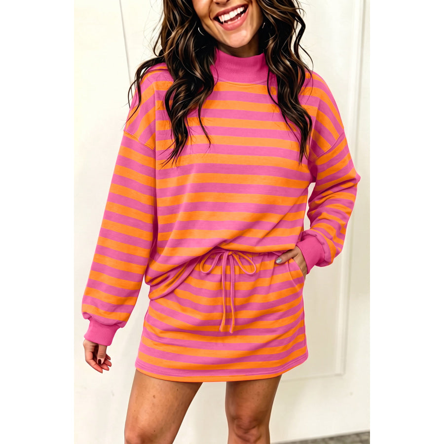 Orange Stripe Color Block Patchwork Mock Neck Pullover Drawstring Mini Skort Set Orange Stripe / S Two Piece Sets/Two Piece Dresses