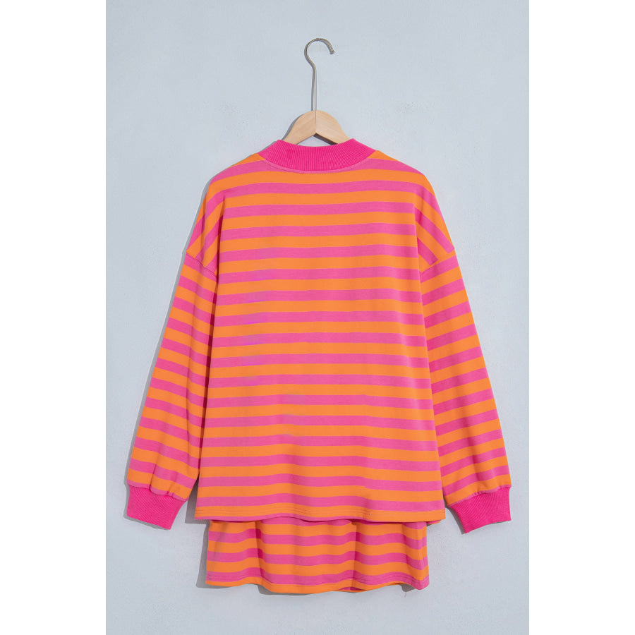 Orange Stripe Color Block Patchwork Mock Neck Pullover Drawstring Mini Skort Set Two Piece Sets/Two Piece Dresses