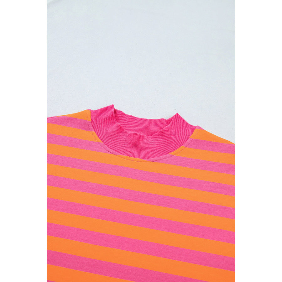 Orange Stripe Color Block Patchwork Mock Neck Pullover Drawstring Mini Skort Set Two Piece Sets/Two Piece Dresses