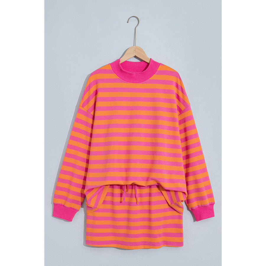 Orange Stripe Color Block Patchwork Mock Neck Pullover Drawstring Mini Skort Set Two Piece Sets/Two Piece Dresses