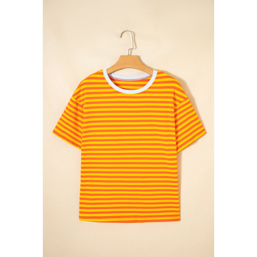 Orange Stripe Contrast Crew Neck Drop Shoulder Loose Tee Orange Stripe / S / 95% Cotton + 5% Elastane Tops/Tops & Tees