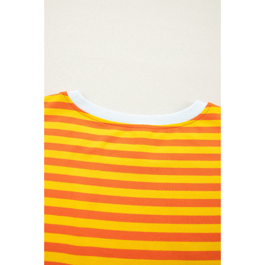 Orange Stripe Contrast Crew Neck Drop Shoulder Loose Tee Tops/Tops & Tees
