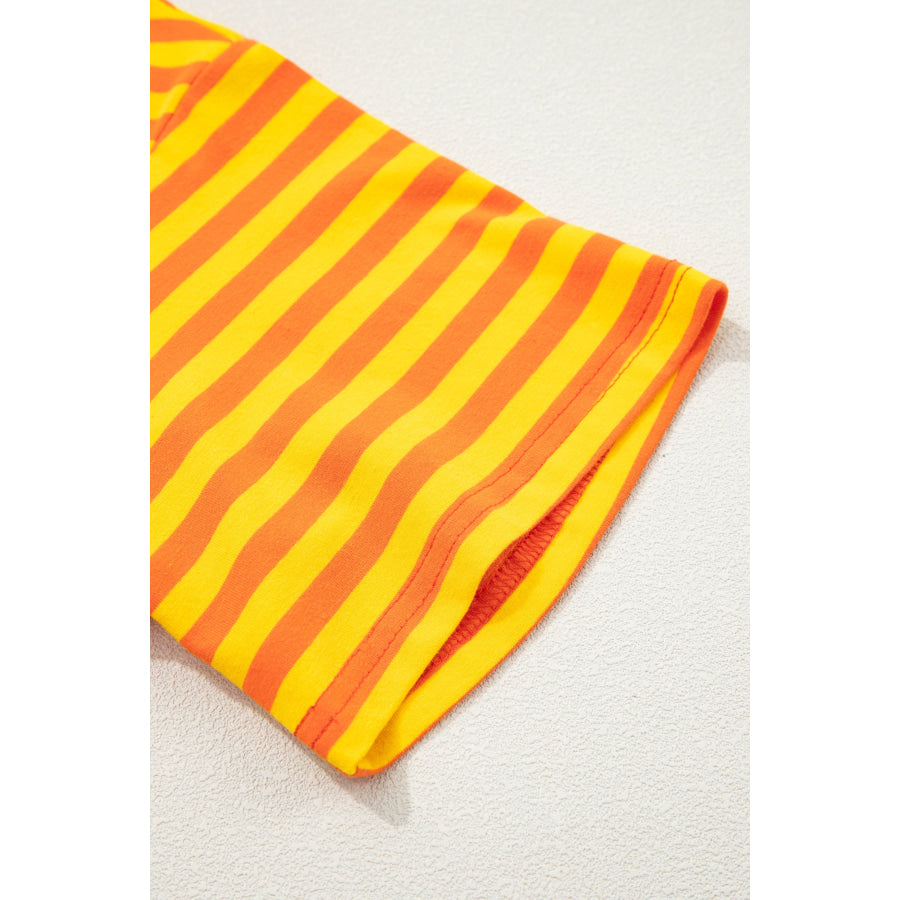Orange Stripe Contrast Crew Neck Drop Shoulder Loose Tee Tops/Tops & Tees