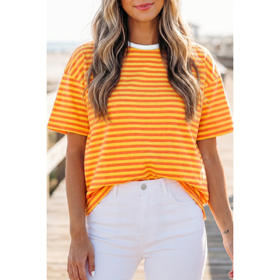 Orange Stripe Contrast Crew Neck Drop Shoulder Loose Tee Tops/Tops & Tees