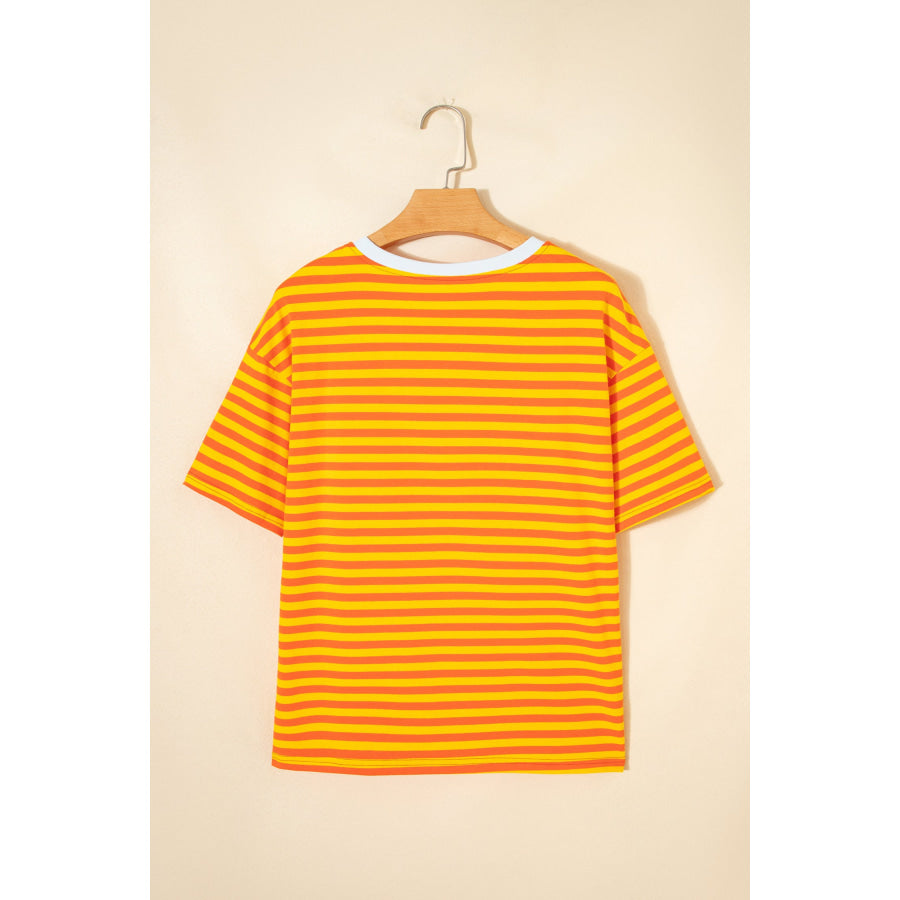 Orange Stripe Contrast Crew Neck Drop Shoulder Loose Tee Tops/Tops & Tees