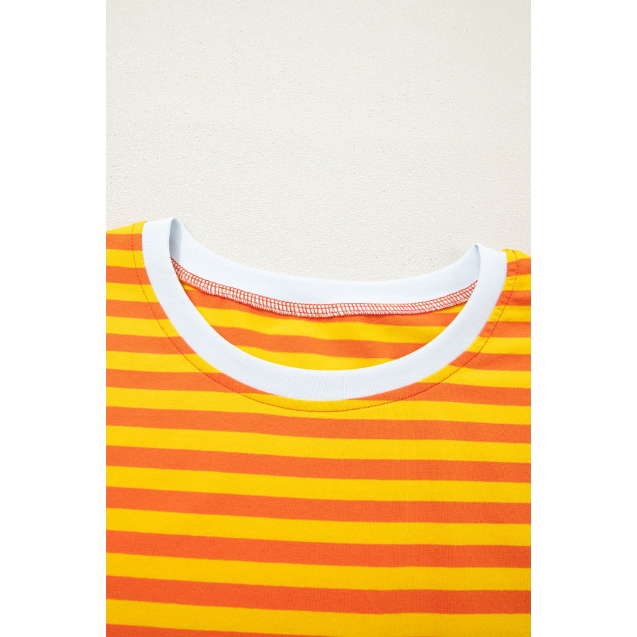 Orange Stripe Contrast Crew Neck Drop Shoulder Loose Tee Tops/Tops & Tees