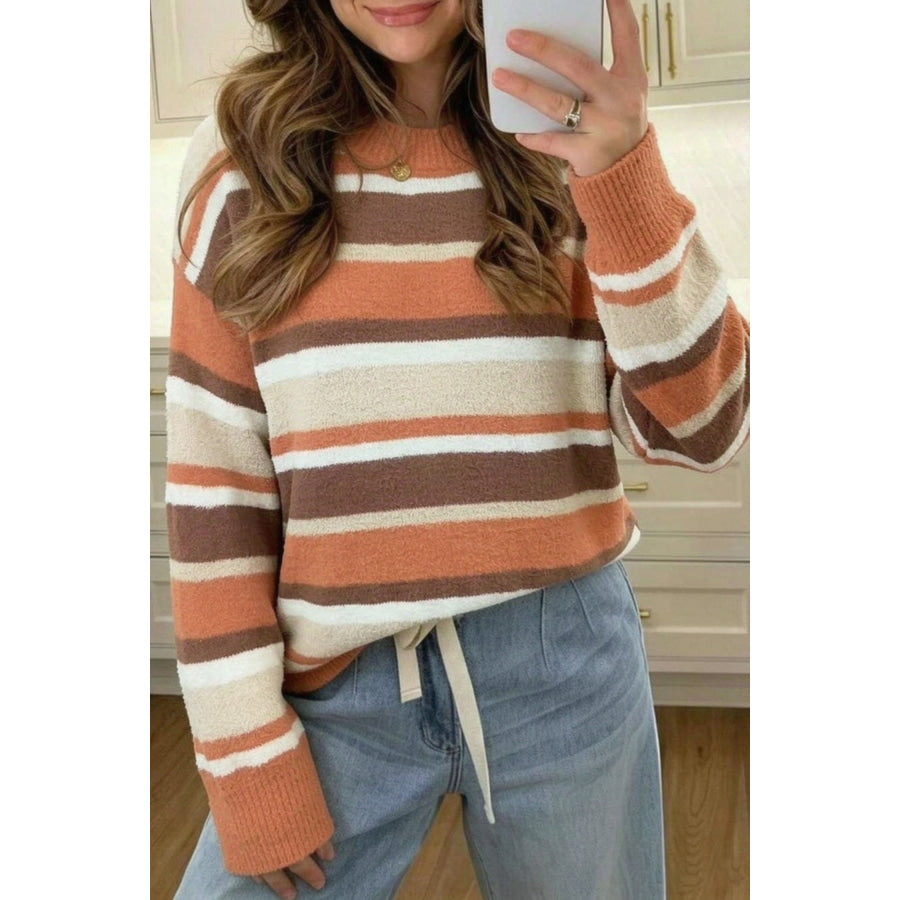 Orange Stripe Dropped Shoulder Loose Pullover Sweater Orange Stripe / S Sweaters & Cardigans/Sweaters