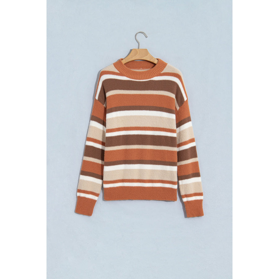 Orange Stripe Dropped Shoulder Loose Pullover Sweater Sweaters & Cardigans/Sweaters