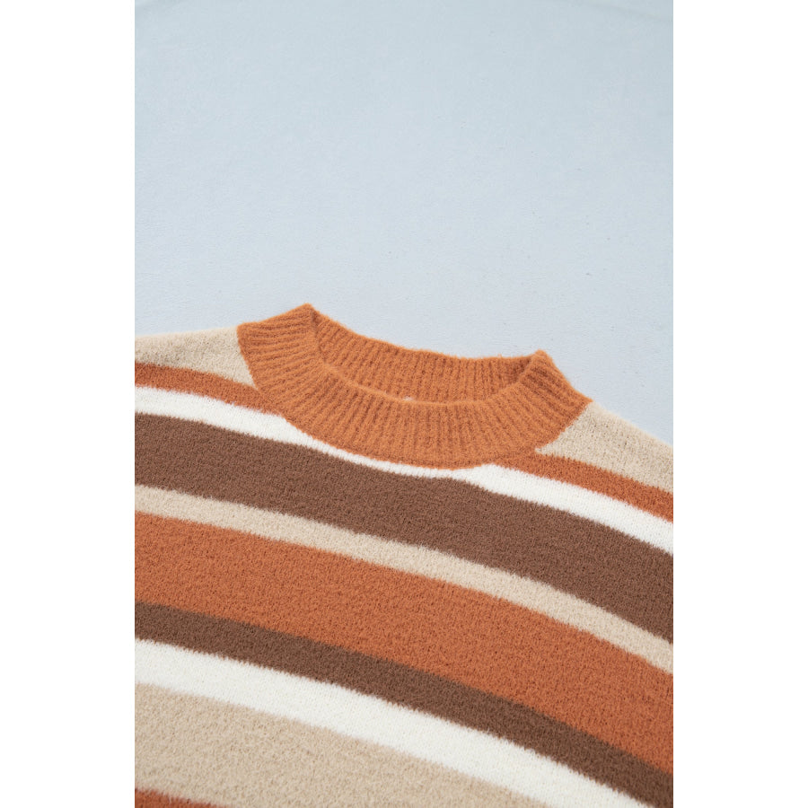 Orange Stripe Dropped Shoulder Loose Pullover Sweater Sweaters & Cardigans/Sweaters