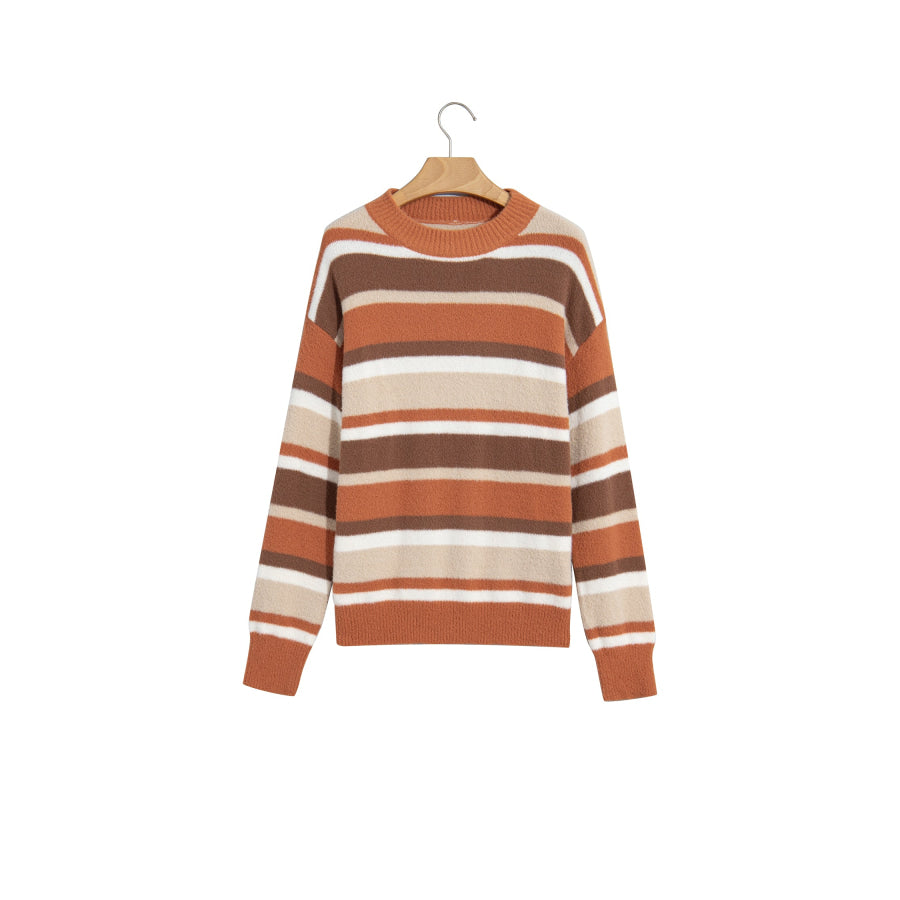 Orange Stripe Dropped Shoulder Loose Pullover Sweater Sweaters & Cardigans/Sweaters
