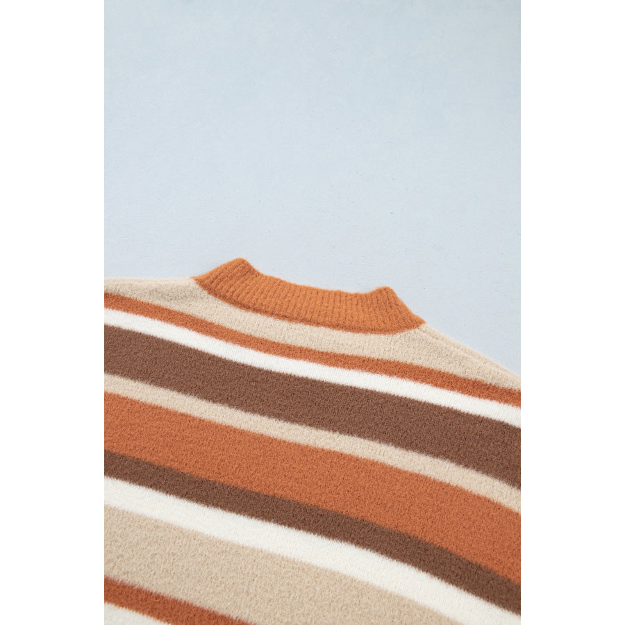 Orange Stripe Dropped Shoulder Loose Pullover Sweater Sweaters & Cardigans/Sweaters
