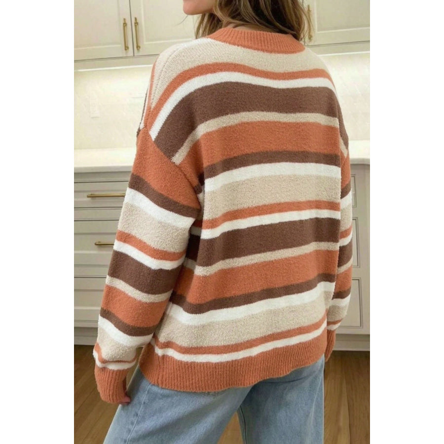 Orange Stripe Dropped Shoulder Loose Pullover Sweater Sweaters & Cardigans/Sweaters