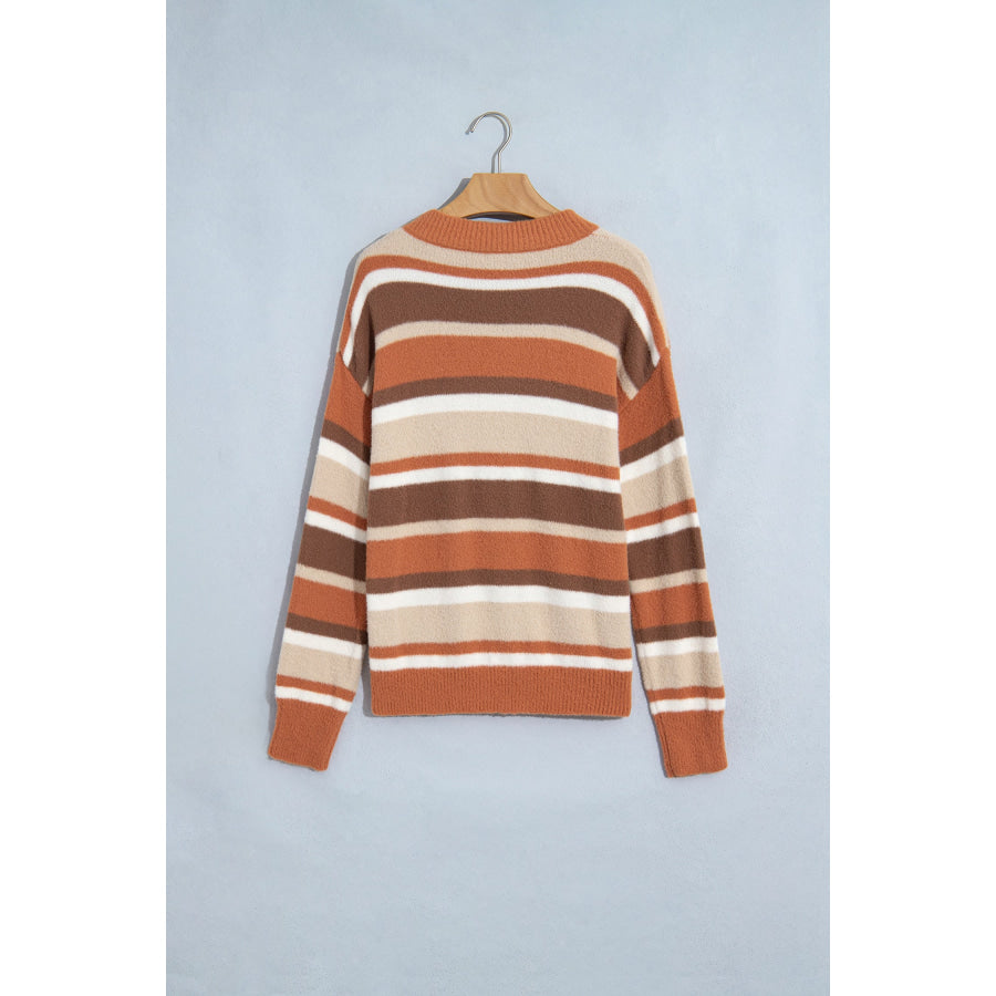 Orange Stripe Dropped Shoulder Loose Pullover Sweater Sweaters & Cardigans/Sweaters