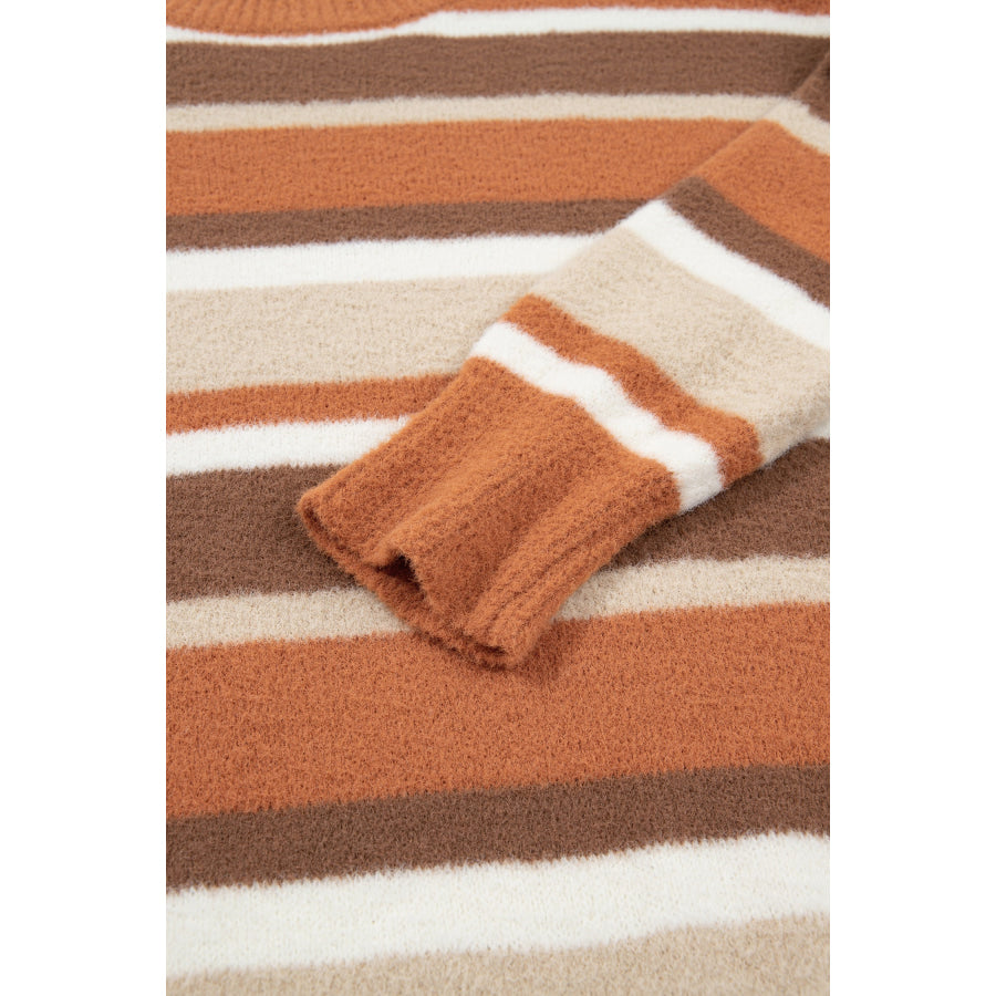 Orange Stripe Dropped Shoulder Loose Pullover Sweater Sweaters & Cardigans/Sweaters
