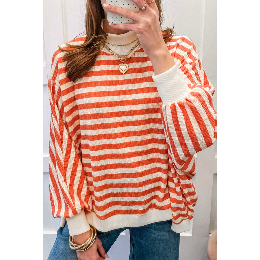 Orange Stripe Striped Textured Stand Neck Oversized Long Sleeve Top Orange Stripe / S / 65% Polyester + 30% Cotton + 5% Elastane Tops/Long