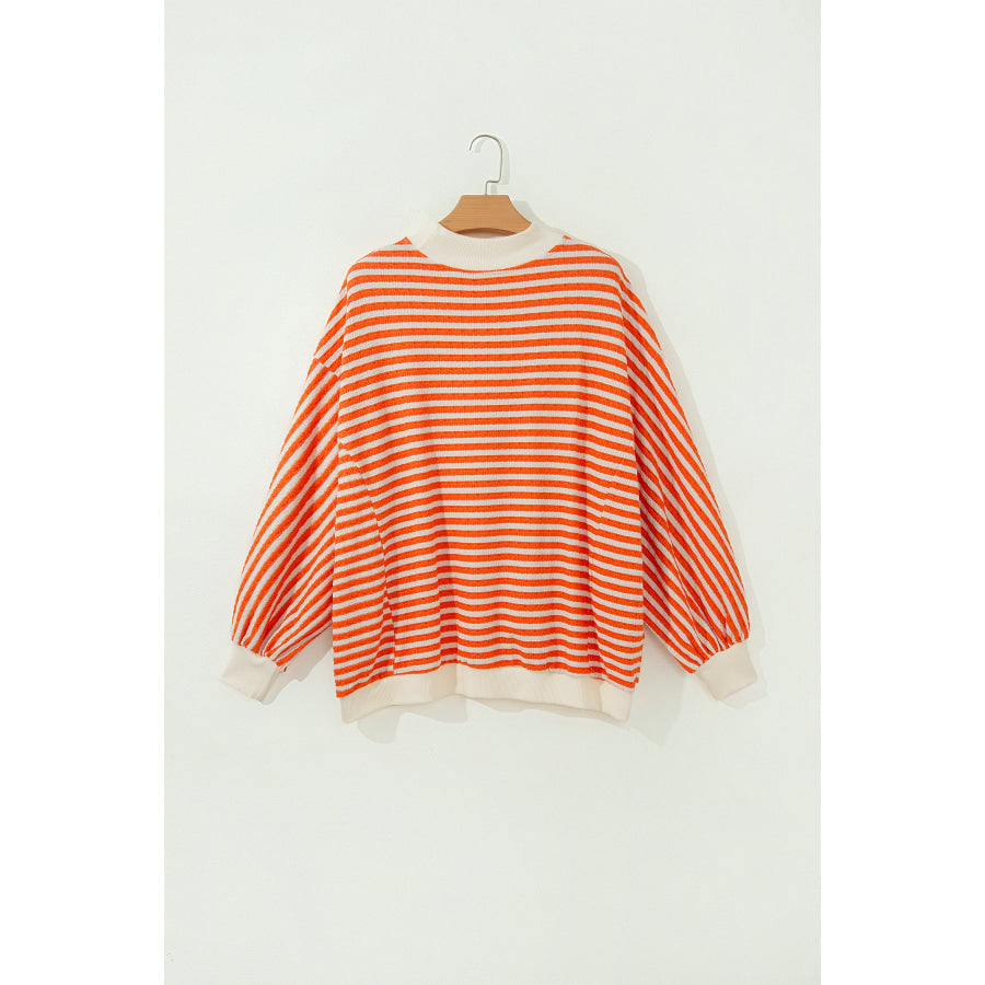 Orange Stripe Striped Textured Stand Neck Oversized Long Sleeve Top Tops/Long Sleeve Tops
