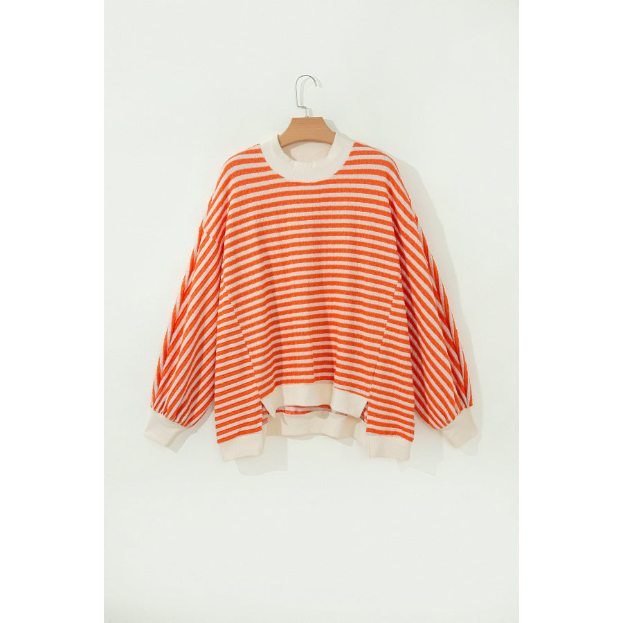 Orange Stripe Striped Textured Stand Neck Oversized Long Sleeve Top Tops/Long Sleeve Tops