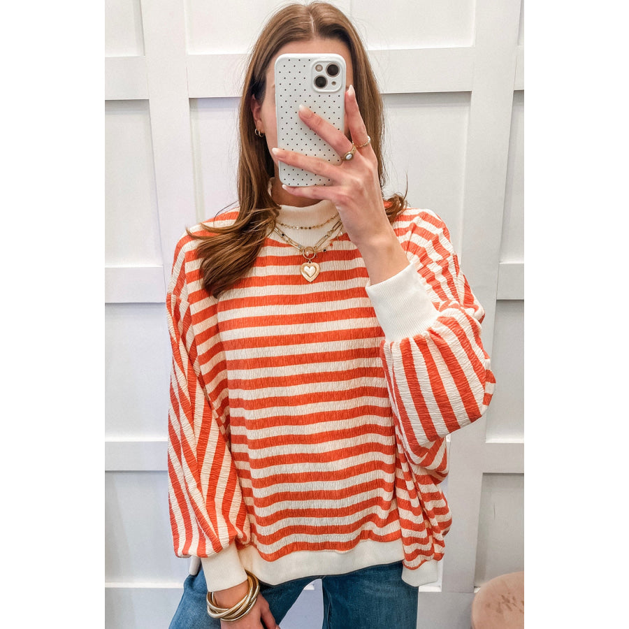 Orange Stripe Striped Textured Stand Neck Oversized Long Sleeve Top Tops/Long Sleeve Tops