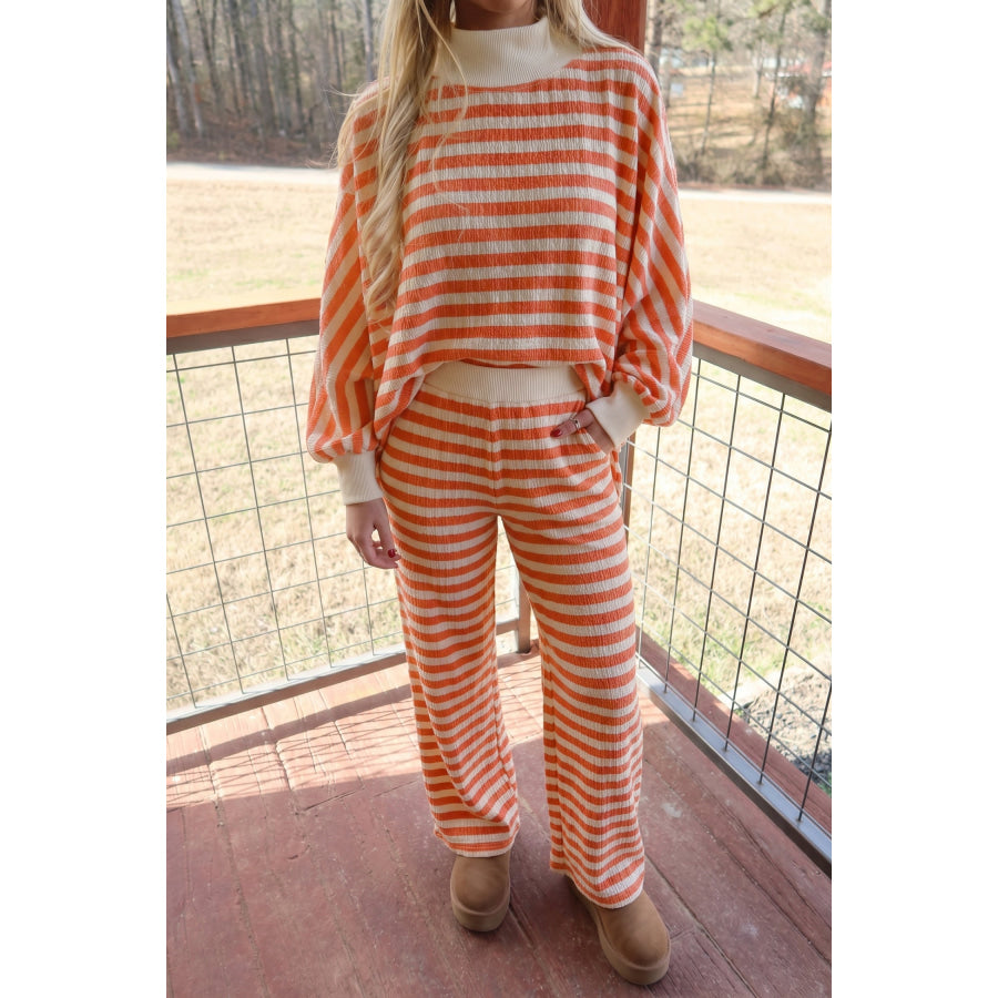 Orange Stripe Textured Contrast High Neck Long Sleeve Top Elastic Waist Pants 2pcs Set / S Two Piece Sets/Pant Sets