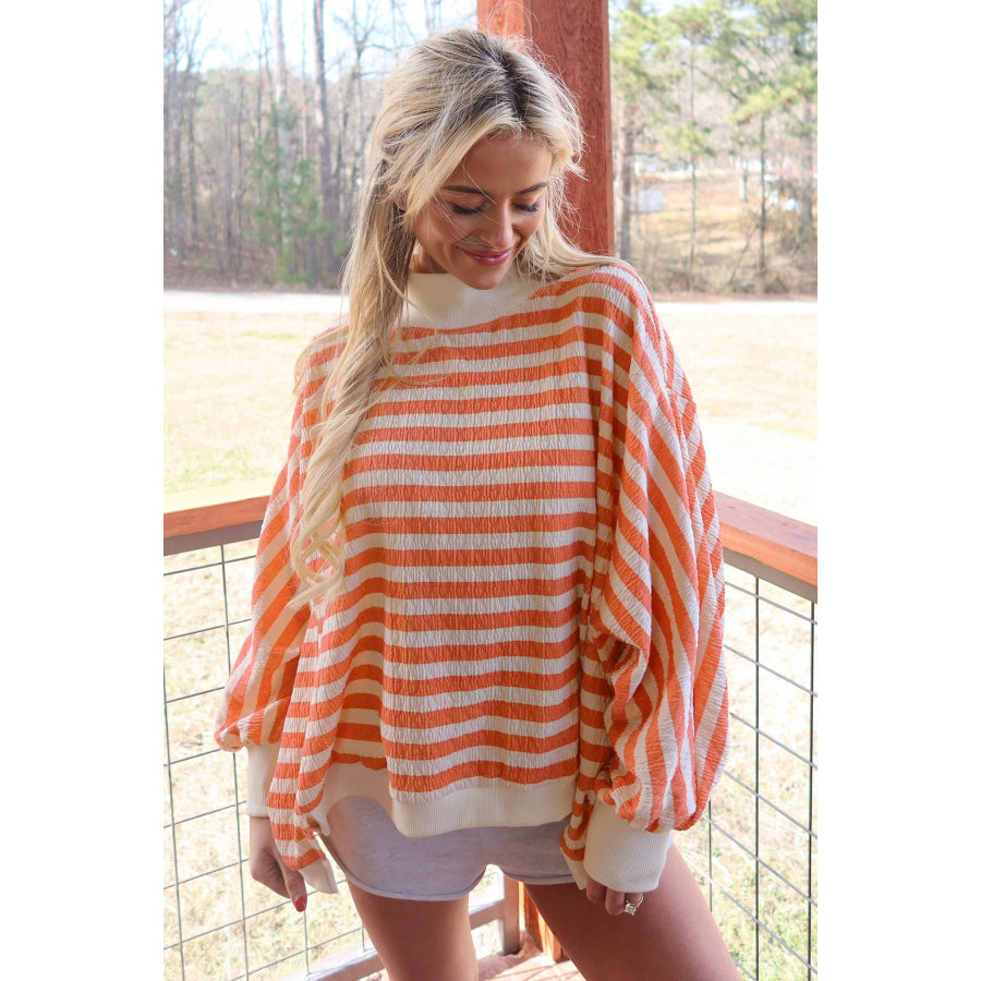 Orange Stripe Textured Contrast High Neck Long Sleeve Top Elastic Waist Pants 2pcs Set Two Piece Sets/Pant Sets