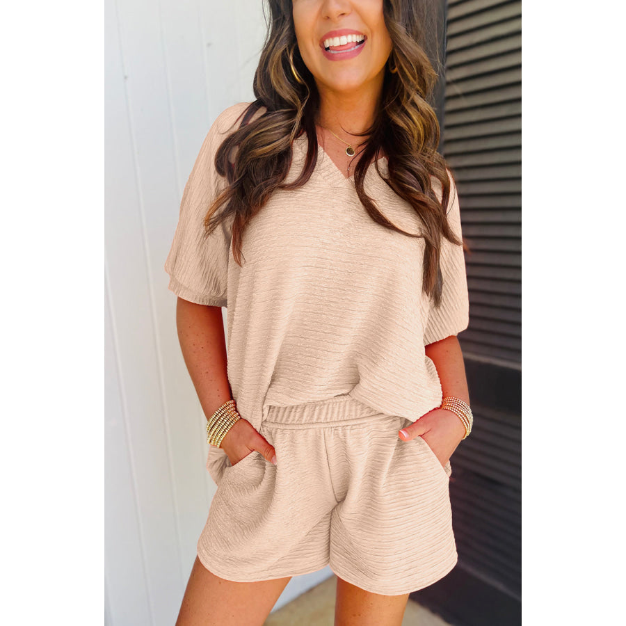 Orange Textured V Neck T Shirt and Shorts Set Apricot / S / 95% Polyester + 5% Elastane Two Piece Sets/Short Sets