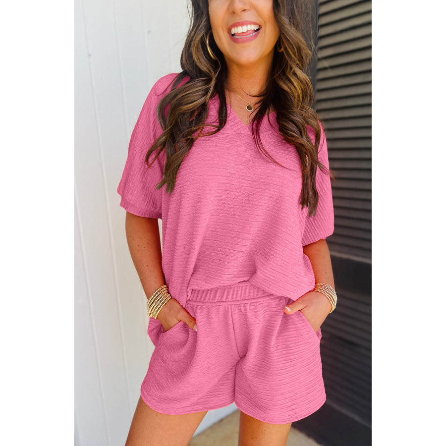 Orange Textured V Neck T Shirt and Shorts Set Pink / S / 95% Polyester + 5% Elastane Two Piece Sets/Short Sets
