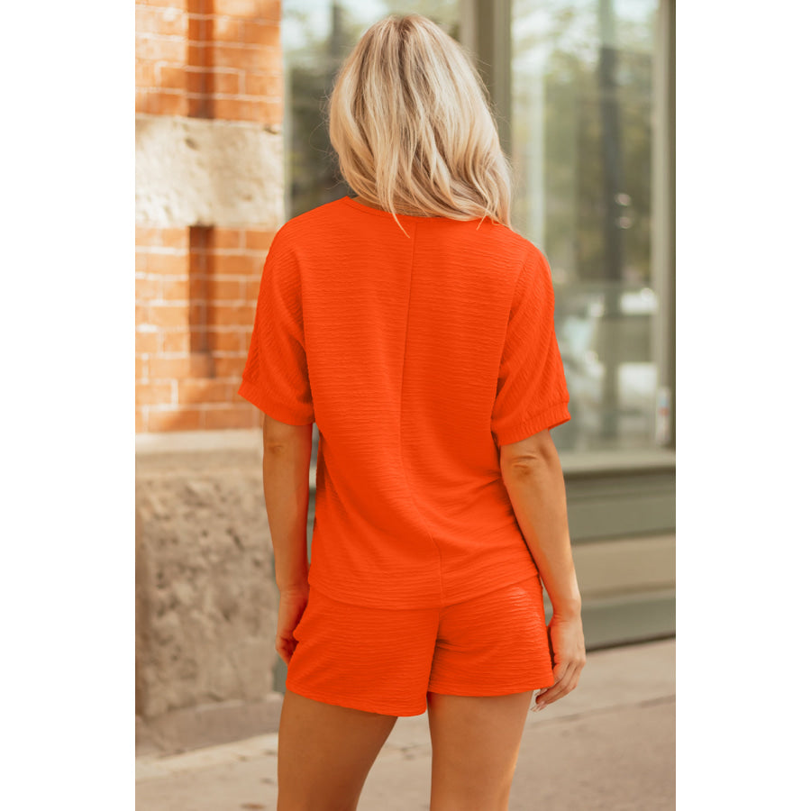Orange Textured V Neck T Shirt and Shorts Set Two Piece Sets/Short Sets