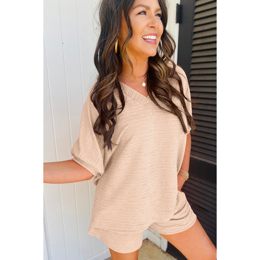 Orange Textured V Neck T Shirt and Shorts Set Two Piece Sets/Short Sets