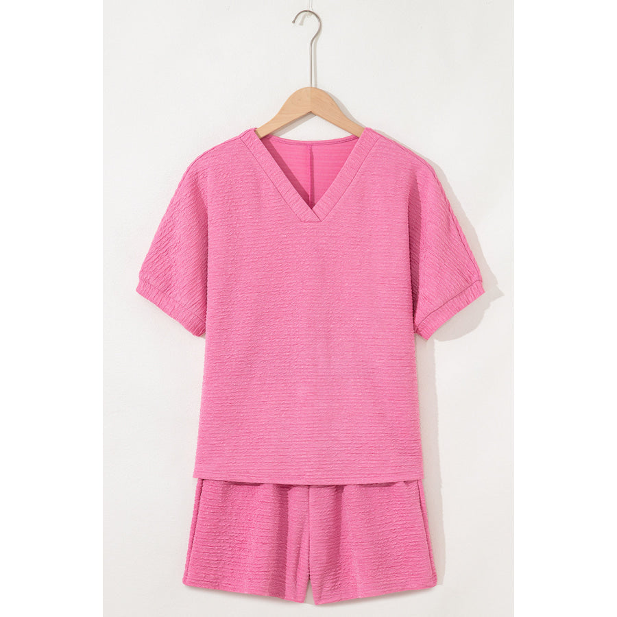 Orange Textured V Neck T Shirt and Shorts Set Two Piece Sets/Short Sets